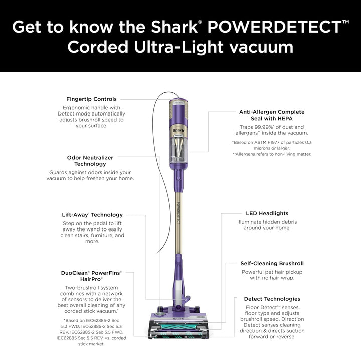 Shark POWERDETECT Ultra-Light Corded Stick Vacuum with Duoclean Technology, Self-Cleaning Brushroll for No Hair Wrap, Anti-Allergen Complete Seal, and Odor Neutralizer Technology, HZ4002