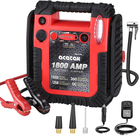 1800 Amp Jump Starter with Air Compressor, Acetek Car Battery Jump Starter 260 PSI Tire Inflator, 20000Mah 12V Auto Lead-Acid Battery Booster (Up to 6L Gas or 6L Diesel Engine) with LED Light & USB