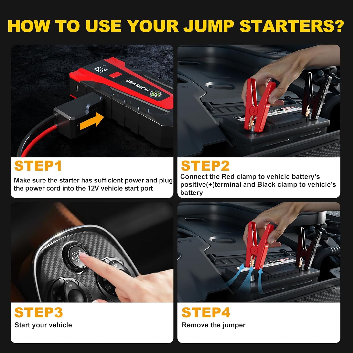 Scatach 011 3000A Car Battery Jump Starter,12V Jump Starter Battery Pack (Up to 9.0L Gasoline and 7.0L Diesel Engine), Portable Jump Box with 3 Modes Flashlight and Jumper Cable