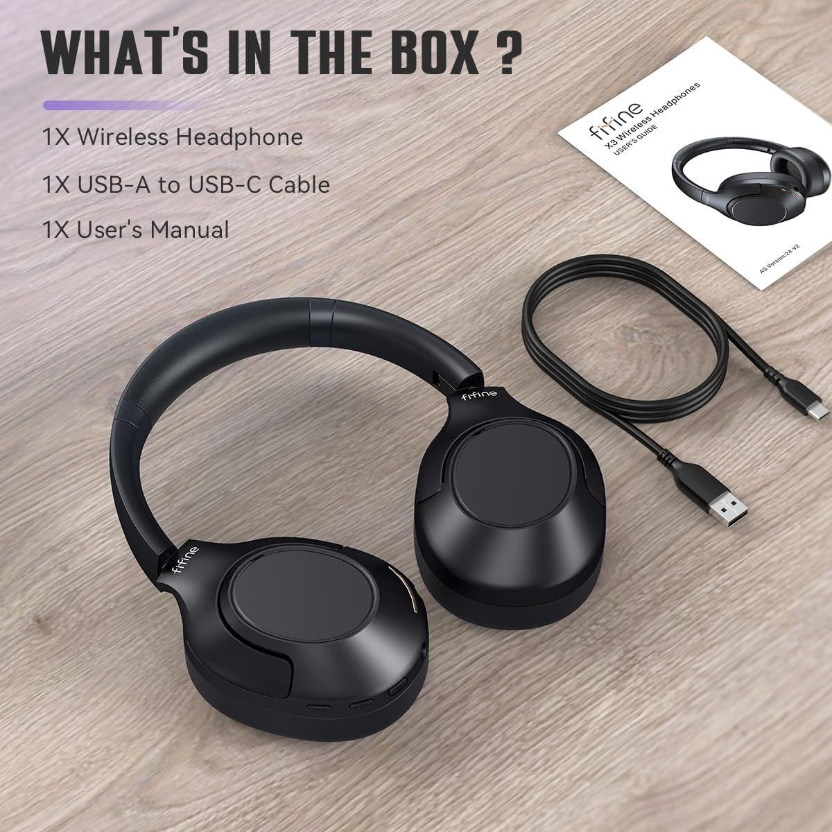 FIFINE Wireless Bluetooth Headphones, Over-Ear Noise Canceling Headphones with Soft Earmuffs, up to 65H Playtime for Music, Phone Calls, Sport Travel Headset for Iphone/Android/Tablet-X3 Black