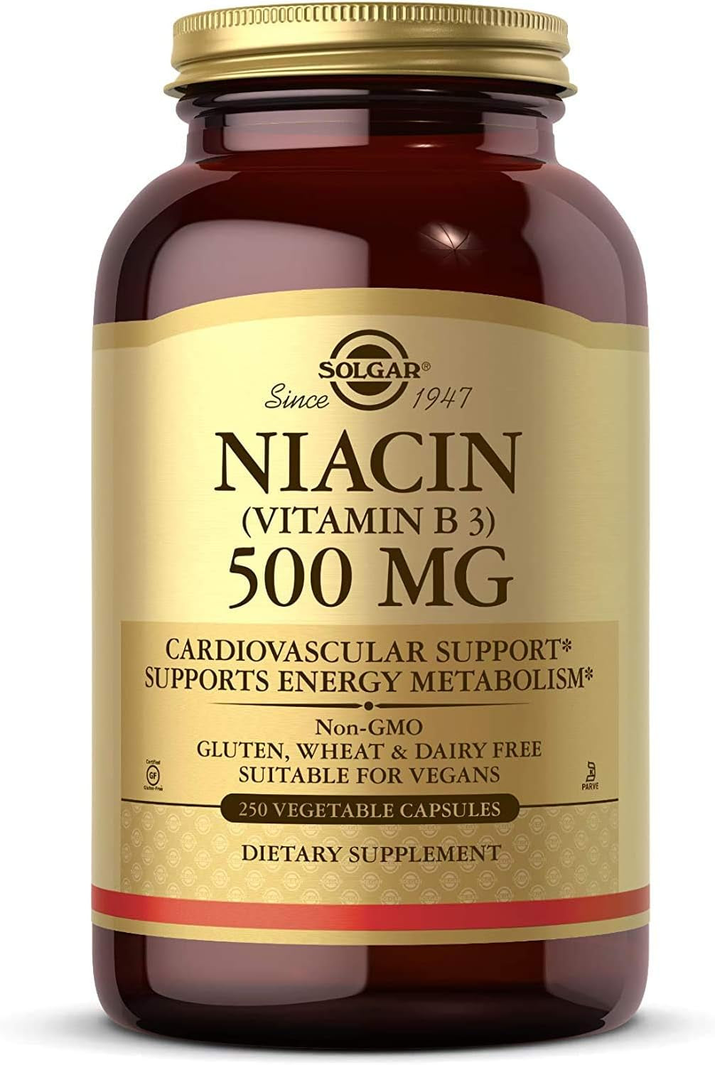 Solgar Niacin (Vitamin B3) 500 Mg, 250 Vegetable Capsules - Cardiovascular Support - Energy Metabolism - Non-Gmo, Vegan, Gluten Free, Dairy Free, Kosher - 250 Servings