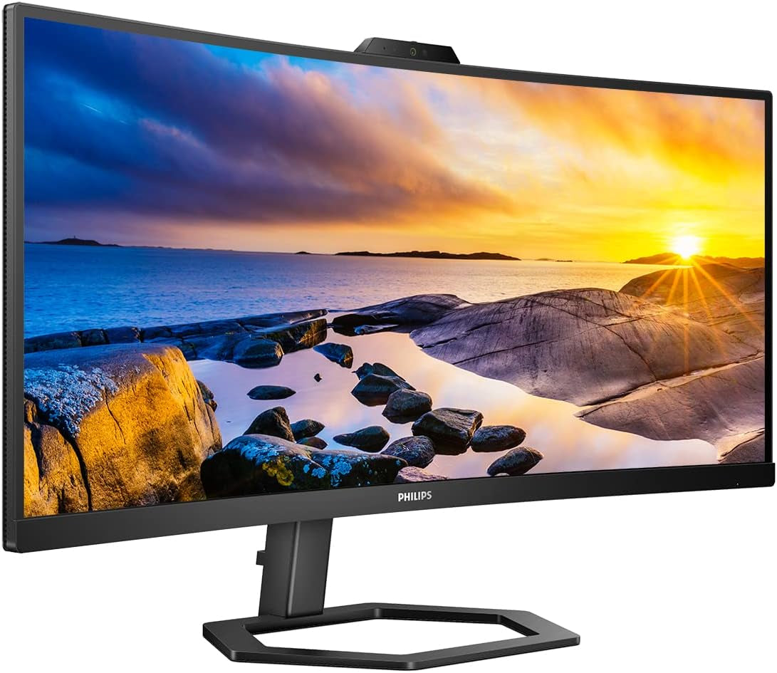 PHILIPS 34E1C5600HE 34" Ultrawide QHD 21:9 Monitor with Built-In Windows Hello Webcam & Noise Canceling Mic, USB-C Docking, Stereo Speakers, 100Hz, 4-Year Advance Replacement