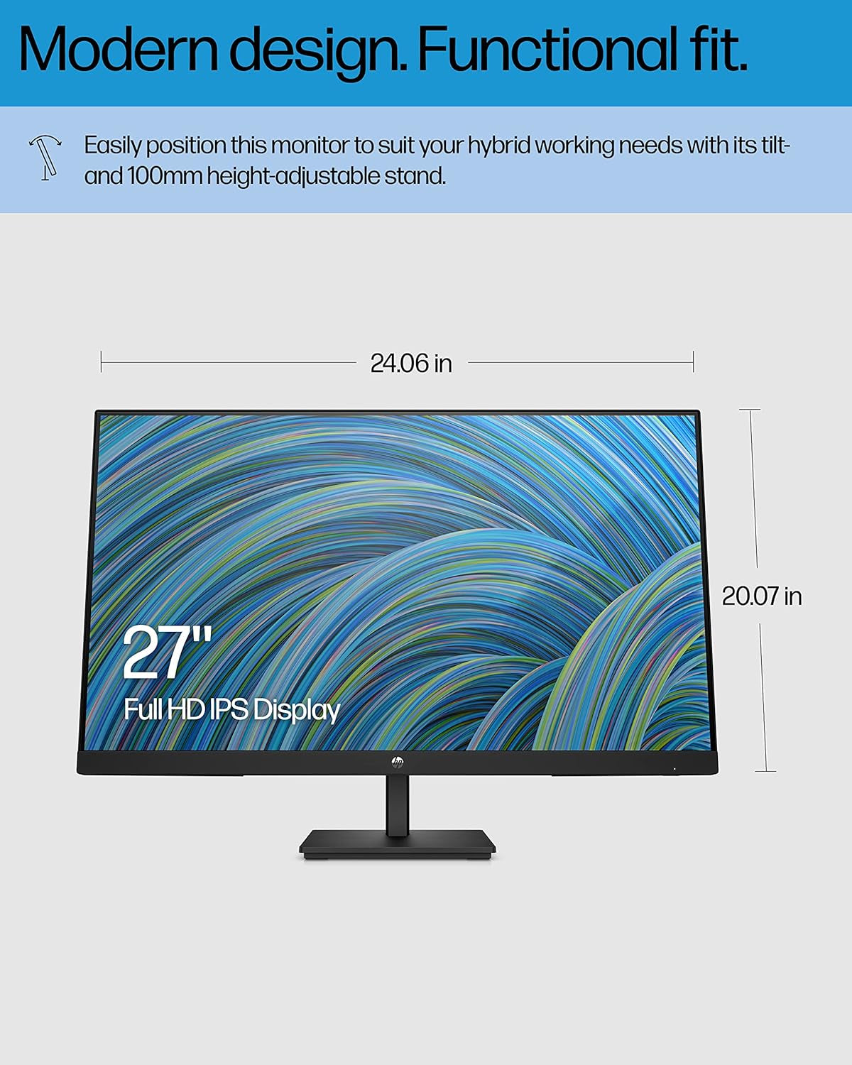 HP 27H Full HD Monitor - Diagonal - IPS Panel & 75Hz Refresh Rate - Smooth Screen - 3-Sided Micro-Edge Bezel - 100Mm Height/Tilt Adjust - Built-In Dual Speakers - for Hybrid Workers,Black