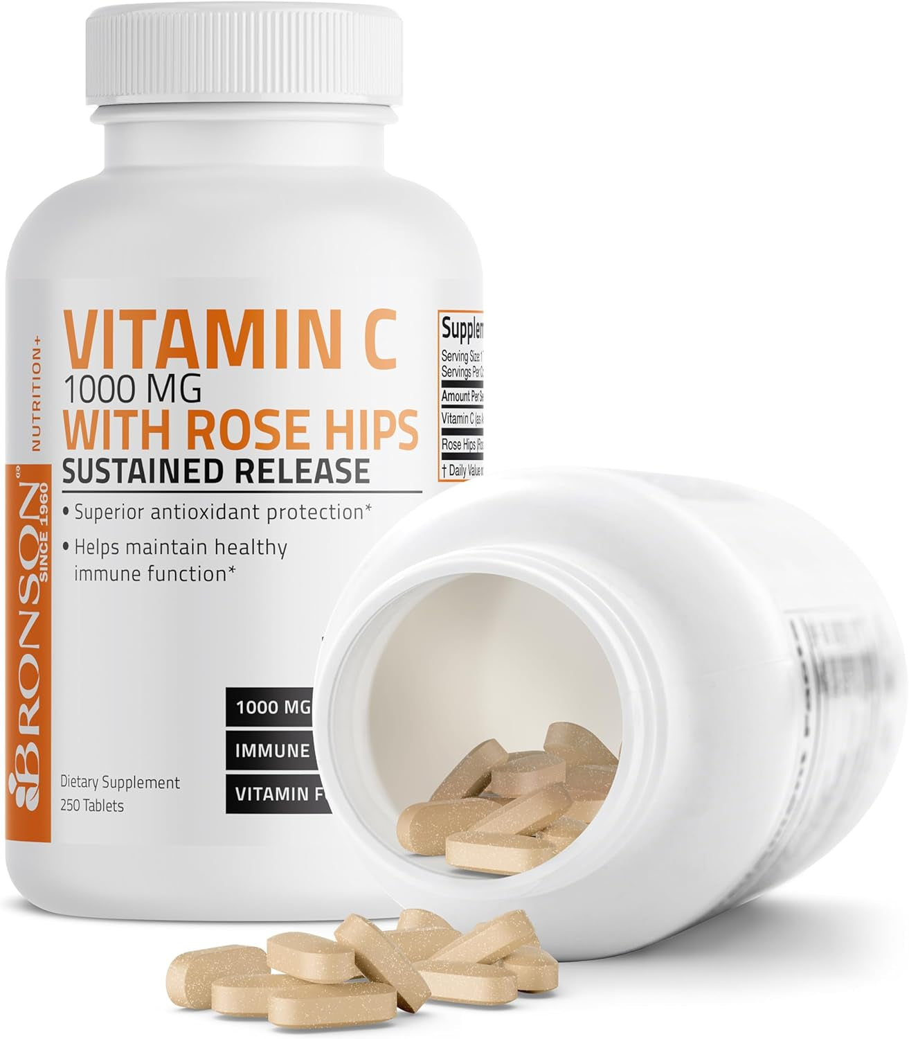 Bronson Vitamin C 1000 Mg with Rose HIPS Sustained Release, 250 Tablets