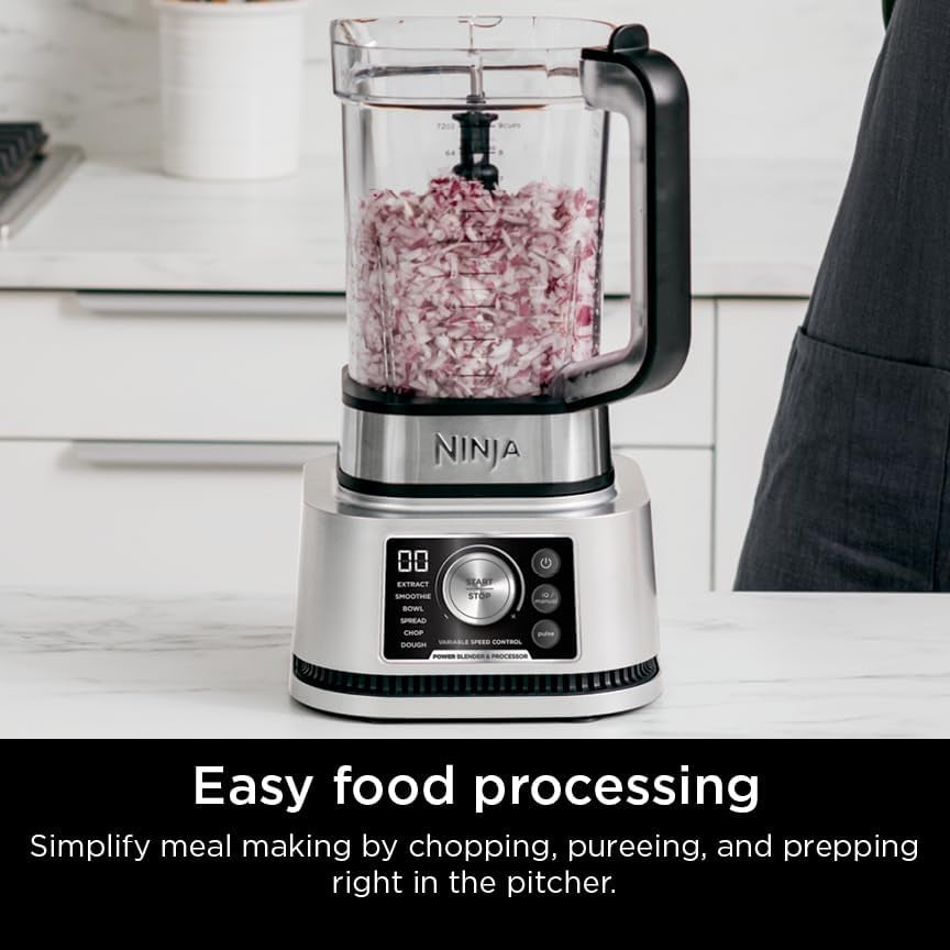 Ninja SS351 Foodi Power Blender & Processor System 1400 WP Smoothie Bowl Maker & Nutrient Extractor* 6 Functions for Bowls, Spreads, Dough & More, Smarttorque, 72-Oz.** Pitcher & To-Go Cups, Silver