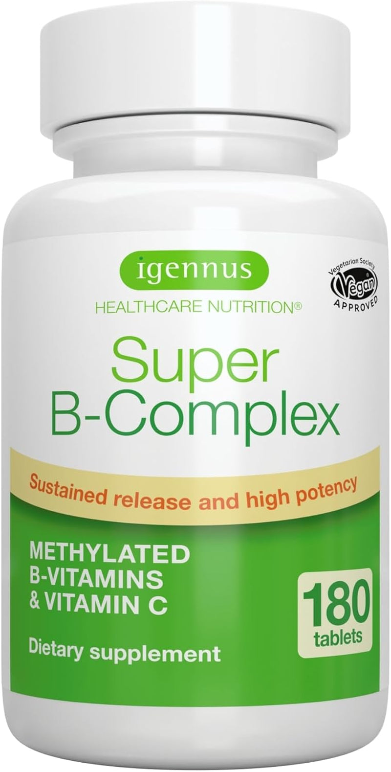 Super B-Complex – Methylated B Vitamins, MTHFR Supplement with Methylfolate & B12 Methylcobalamin, Sustained Release, Clean Label, Vegan, Lab Verified, 180 Small Tablets by Igennus