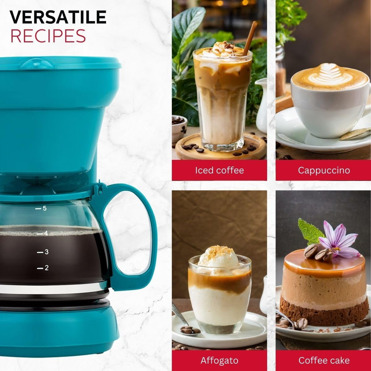 Holstein Housewares - 5 Cup Drip Coffee Maker - Convenient and User Friendly with Permanent Filter, Borosilicate Glass Carafe, Water Level Indicator, Auto Pause /Serve and Keep Warm Functions, Teal