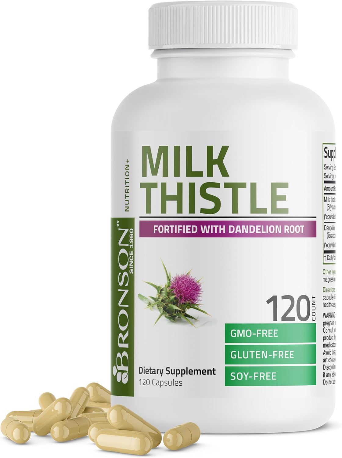 Bronson Milk Thistle Silymarin Marianum & Dandelion Root Liver Health Support, Antioxidant Support, Detox, 120 Capsules