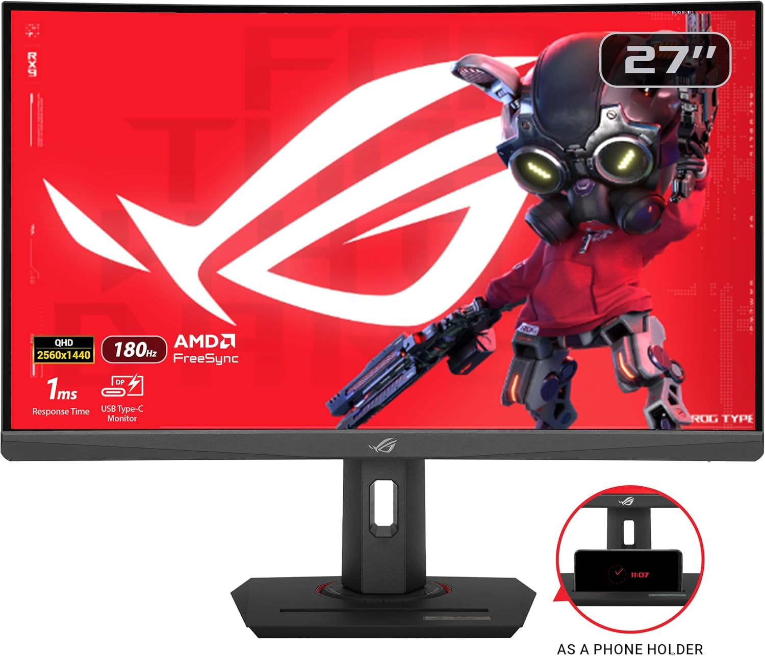 ASUS ROG Strix 27” 1440P HDR400 USB-C Curved Gaming Monitor (XG27WCS) - QHD (2560 X 1440), 180Hz, 1Ms, Fast VA, 125% Srgb, DCI-P3 95%, ELMB Sync, Freesync, Displaywidget, Tripod Socket, 3Yr Warranty