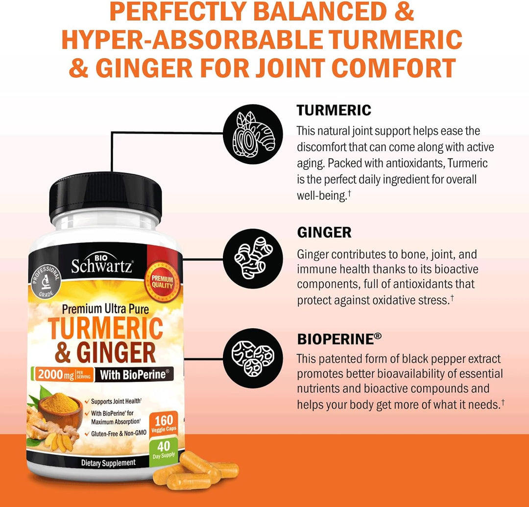 Turmeric and Ginger Supplement with Bioperine - 2000Mg High Absorption, 95% Curcuminoids - Non-Gmo, Gluten-Free Turmeric Supplement for Joint and Immune Support - 160 Capsules
