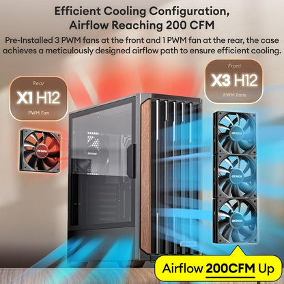 Genuine Walnut Wood PC Case, Support 360Mm Radiator on Top, Pre-Installed 4 X 120Mm PWM Fans ATX Case, Type-C Port, Magnetic Tempered Glass Side Panel, Black Computer Case, Cypress 7
