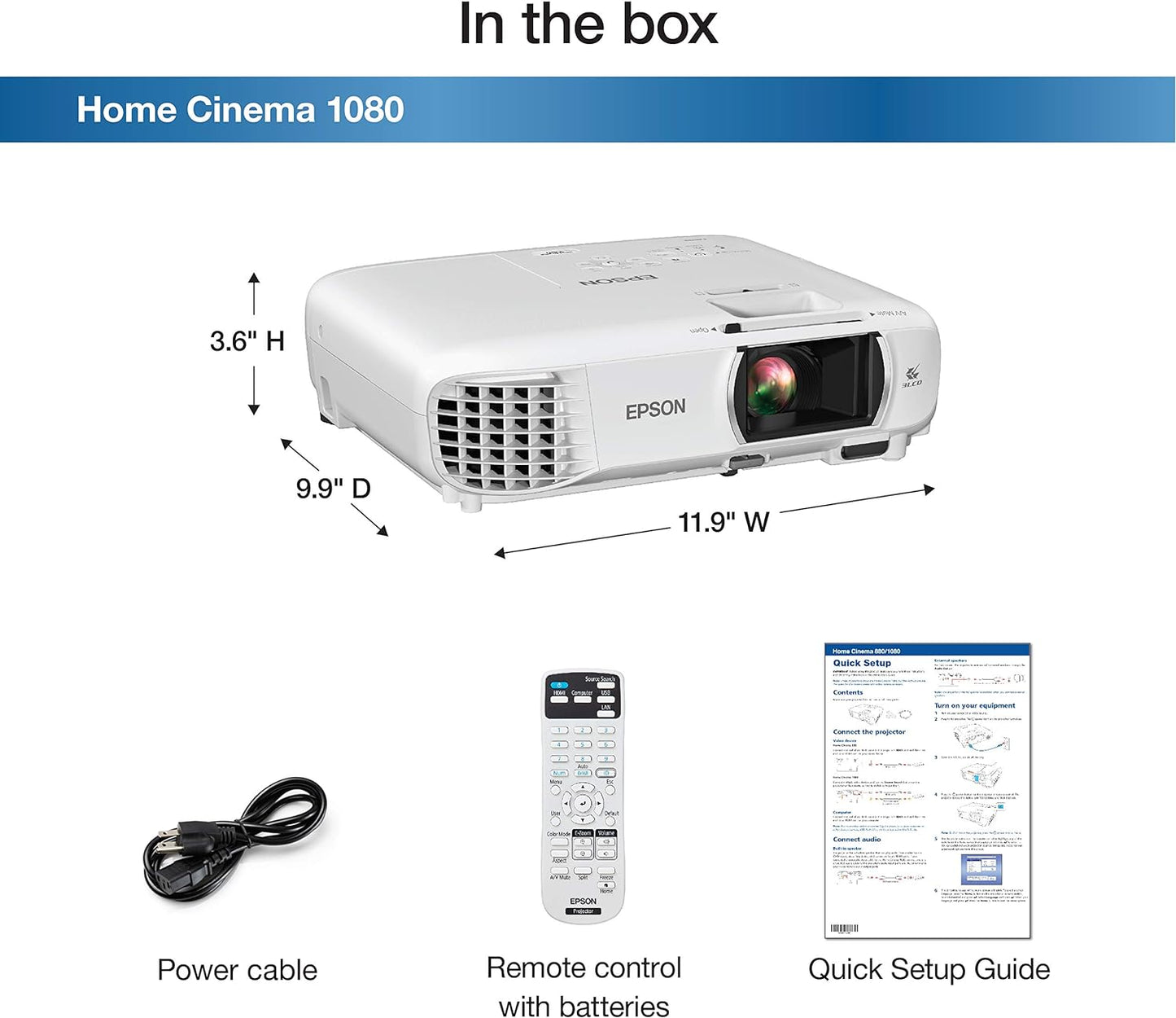 Epson Home Cinema 1080 3-Chip 3LCD 1080P Projector, 3400 Lumens Color & White Brightness, Streaming/Gaming/Home Theater, Built-In Speaker, Auto Picture Skew, 16,000:1 Contrast, Dual Hdmi-White, Medium