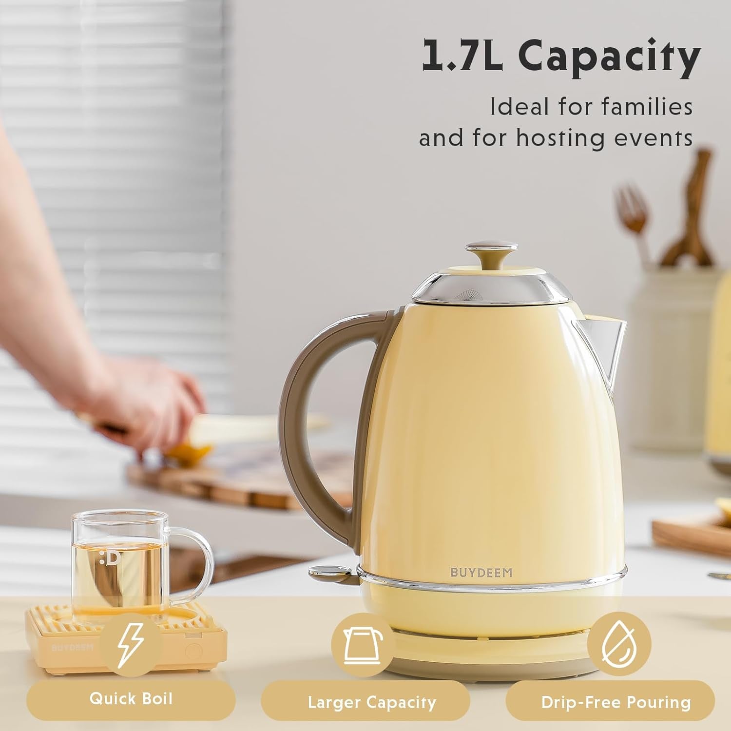 BUYDEEM K640 Stainless Steel Electric Tea Kettle with Auto Shut-Off and Boil Dry Protection, 1.7 Liter Cordless Hot Water Boiler with Swivel Base, 1440W, Mellow Yellow