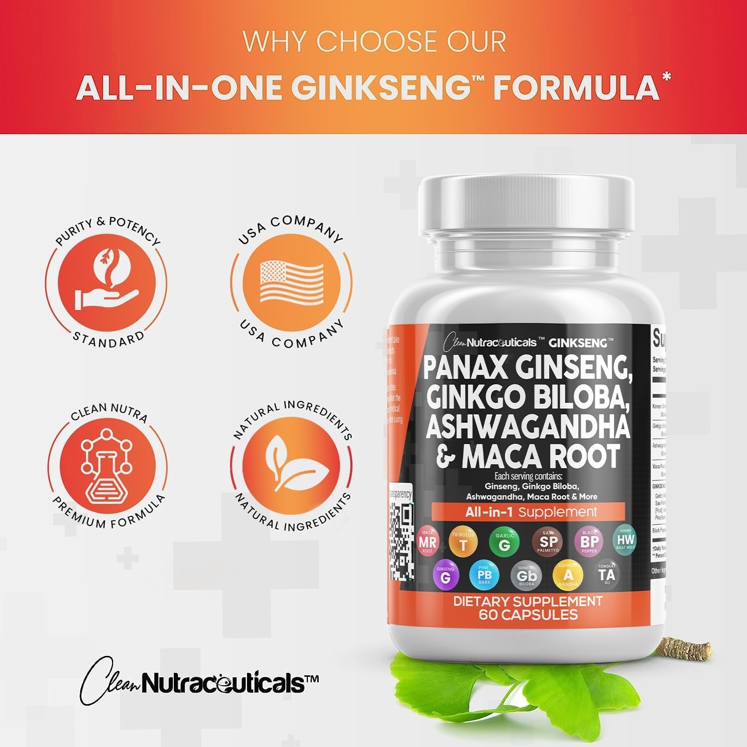 Clean Nutraceuticals Panax Ginseng 10000Mg Ginkgo Biloba 4000Mg Ashwagandha Maca Root 3000Mg - Focus Supplement Pills for Women and Men with Pine Bark Extract, Garlic, and Saw Palmetto - 60 Caps