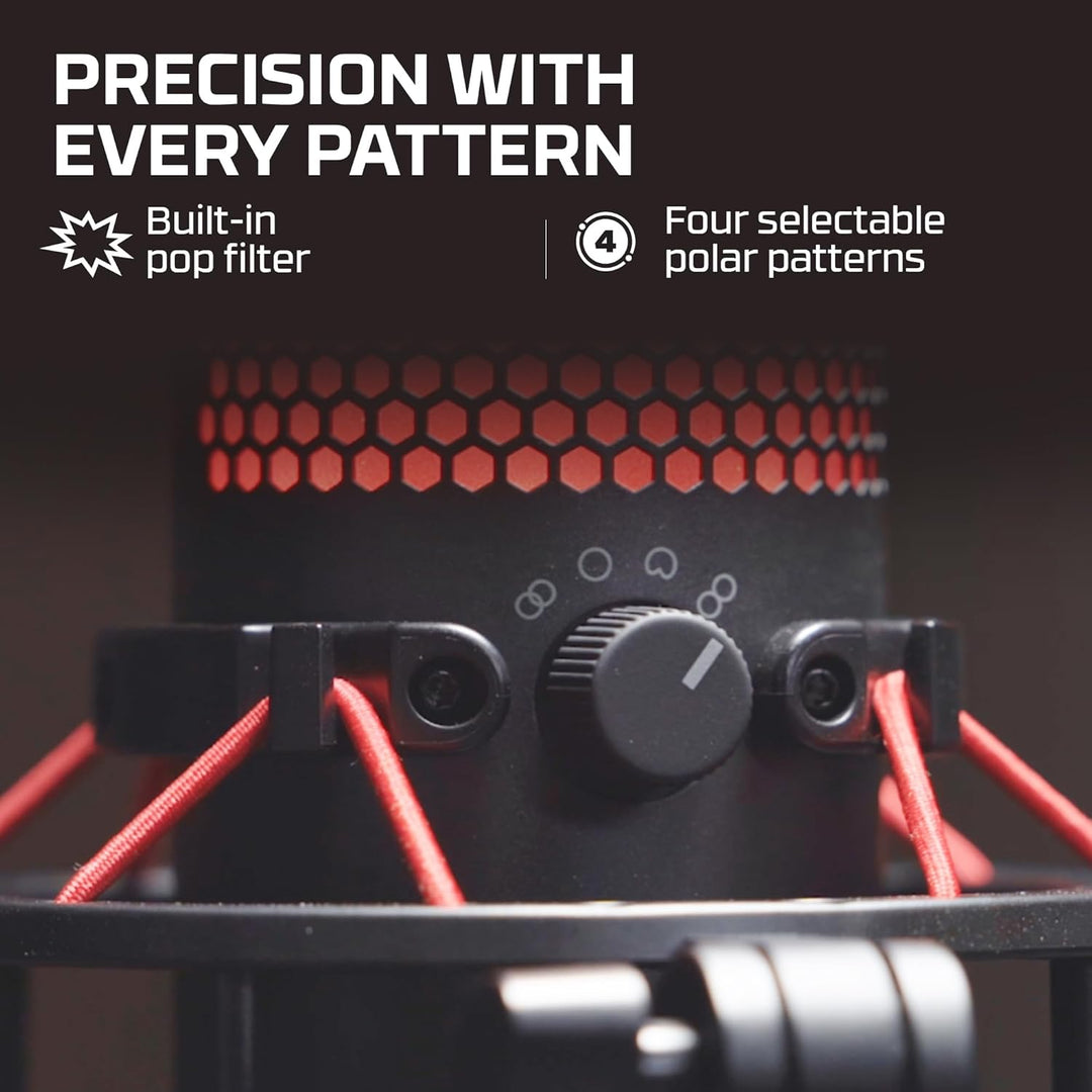 Hyperx Quadcast - USB Condenser Gaming Microphone, for PC, PS4, PS5 and Mac, Anti-Vibration Shock Mount, Four Polar Patterns, Pop Filter, Gain Control, Podcasts, Twitch, Youtube, Discord, Red LED