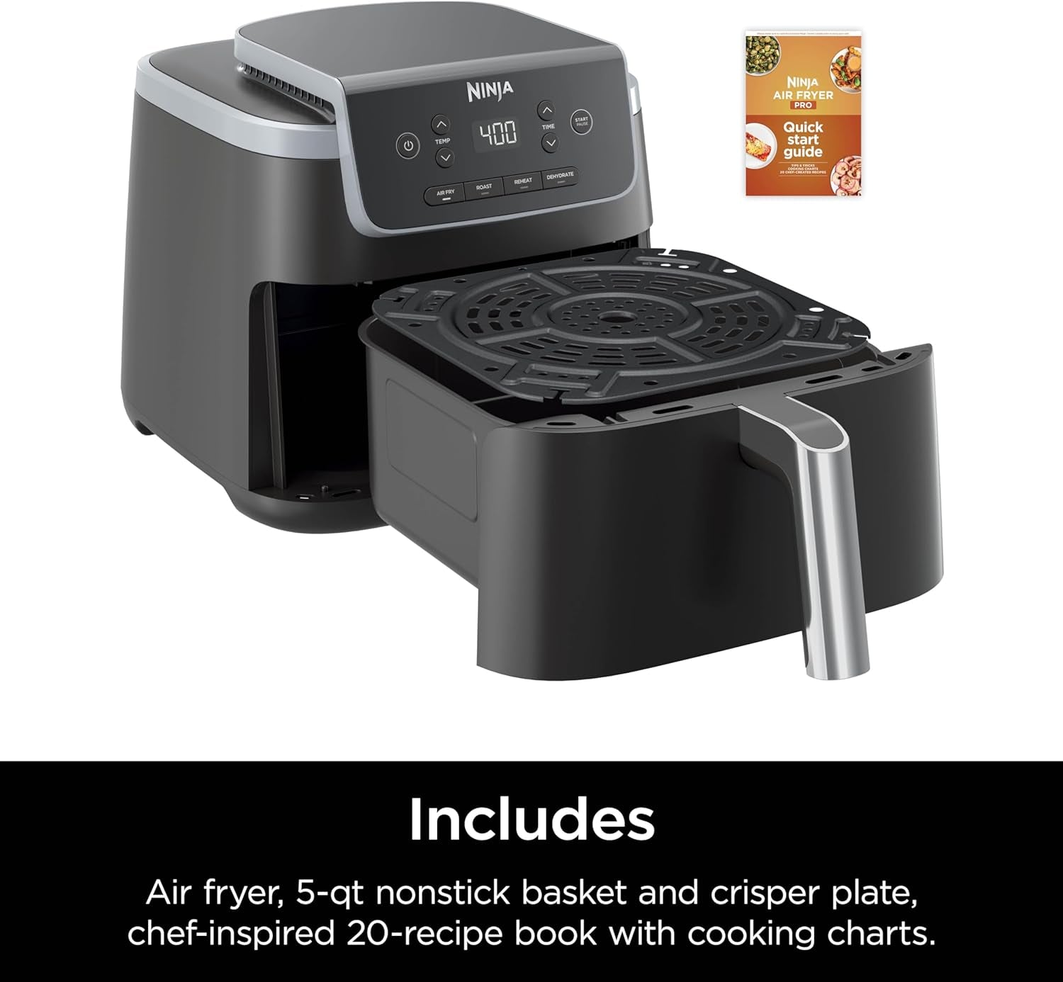 Ninja Air Fryer Pro 4-In-1 with 5 QT Capacity, Air Fry, Roast, Reheat, Dehydrate, Air Crisp Technology with 400F for Hot, Crispy Results in Just Minutes, Nonstick Basket & Crisper Plate, Grey, AF141