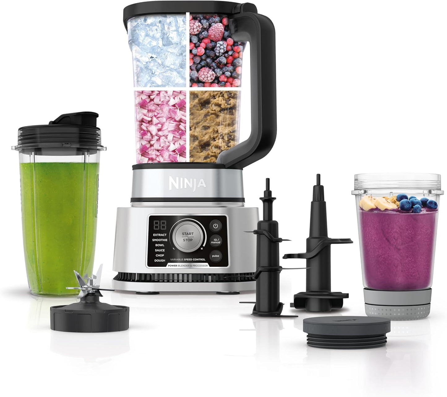 Ninja SS351 Foodi Power Blender & Processor System 1400 WP Smoothie Bowl Maker & Nutrient Extractor* 6 Functions for Bowls, Spreads, Dough & More, Smarttorque, 72-Oz.** Pitcher & To-Go Cups, Silver