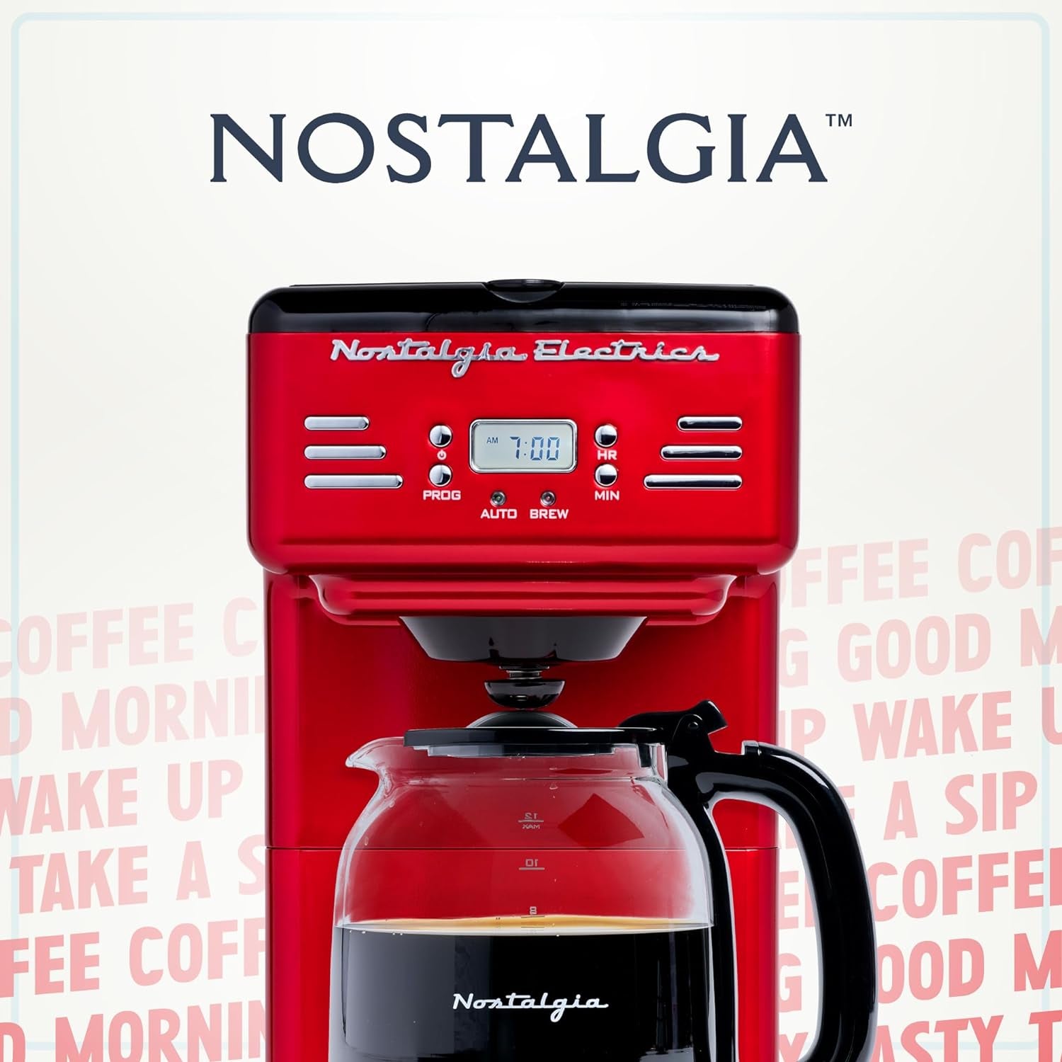 Nostalgia Retro 12-Cup Programmable Coffee Maker with LED Display, Automatic Shut-Off & Keep Warm, Pause-And-Serve Function, Red
