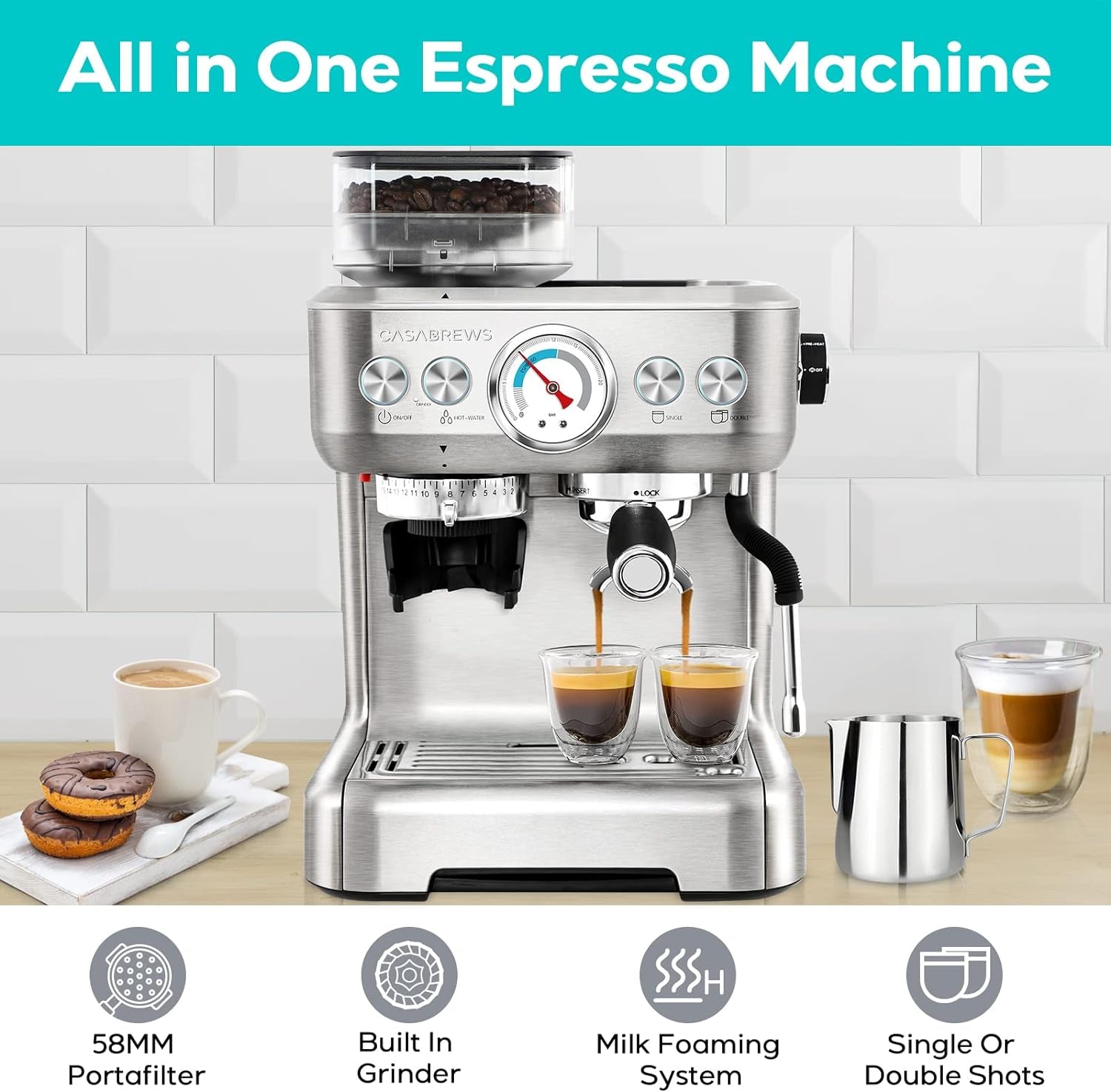 CASABREWS Espresso Machine with Grinder, Professional Espresso Maker with Milk Frother Steam Wand, Barista Latte Machine with Removable Water Tank for Cappuccinos or Macchiatos, Gift for Mom Dad