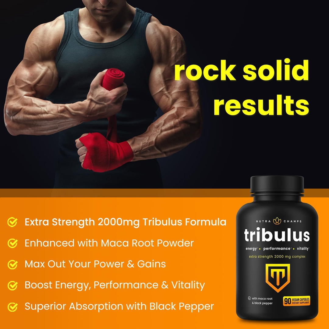Tribulus Terrestris for Men | 2000Mg Supplement Booster for Energy, Vitality, Stamina & Performance | Extra Strength Saponins | Maca & Black Pepper Extract for Enhanced Absorption | 90 Vegan Capsules