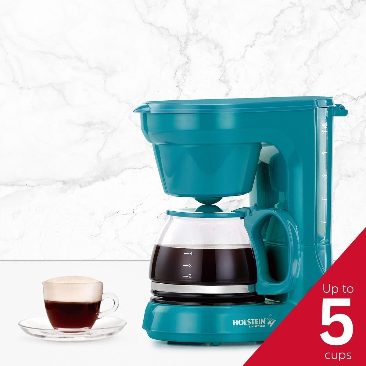 Holstein Housewares - 5 Cup Drip Coffee Maker - Convenient and User Friendly with Permanent Filter, Borosilicate Glass Carafe, Water Level Indicator, Auto Pause /Serve and Keep Warm Functions, Teal