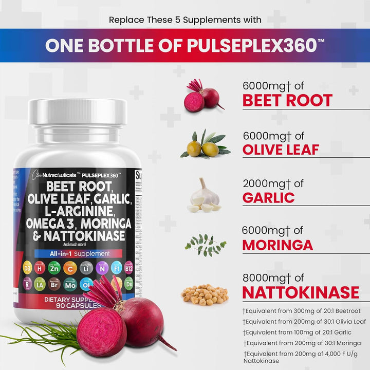 Beet Root Capsules 6000Mg Olive Leaf 6000Mg Nattokinase 4000 FU Garlic Extract 2000Mg L-Arginine 400Mg Omega 3 Red Yeast Rice Hibiscus Danshen - Healthy Support Supplement - 90 Ct