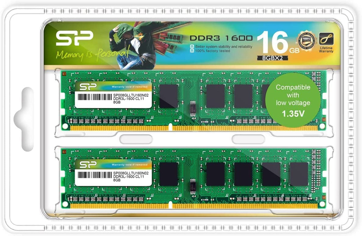 Silicon Power DDR3 16GB (2 X 8GB) 1600Mhz (PC3 12800) 240-Pin CL11 1.35V / 1.5V Unbuffered UDIMM PC Computer Desktop Memory Module Ram Upgrade