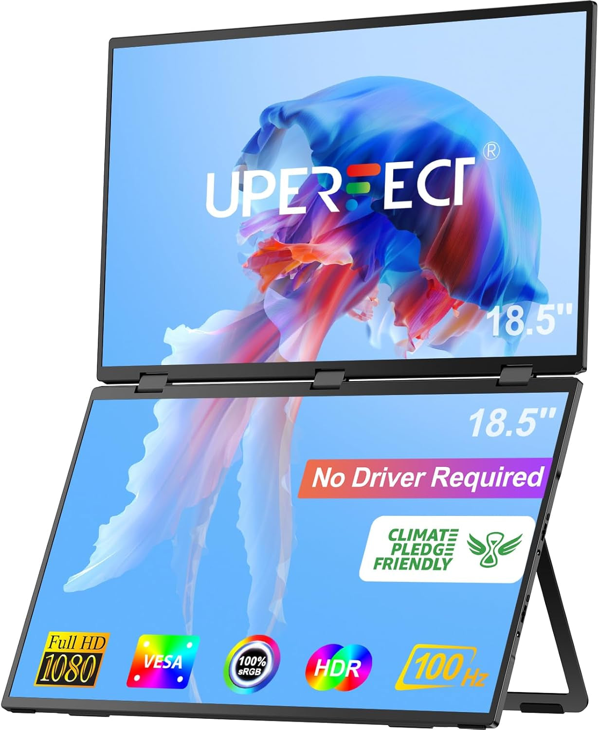 UPERFECT Delta 18.5" 100Hz Dual Monitor Portable Monitor for Laptop Screen Extender 1080P HDR 360° Folding Stacked Triple Monitor with Stand & VESA for Laptop PC Phone Game Console (No Driver Needed)