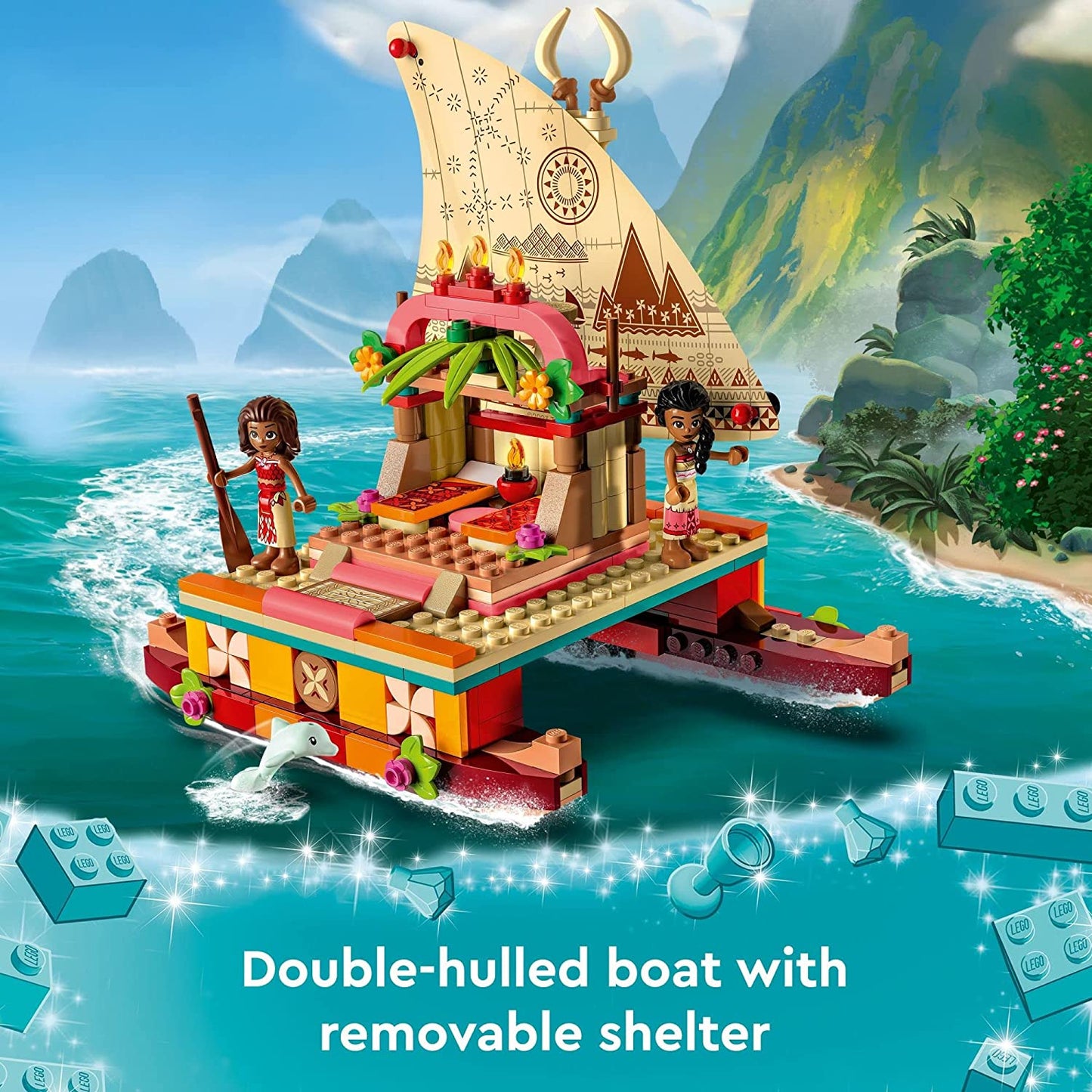 LEGO Disney Princess Moana'S Wayfinding Boat Building Toy 43210 Disney Princess Toy Set with Moana and Sina Mini-Dolls, Dolphin Figure, Disney-Inspired Pretend Play Toy for Kids Boys Girls Ages 6+