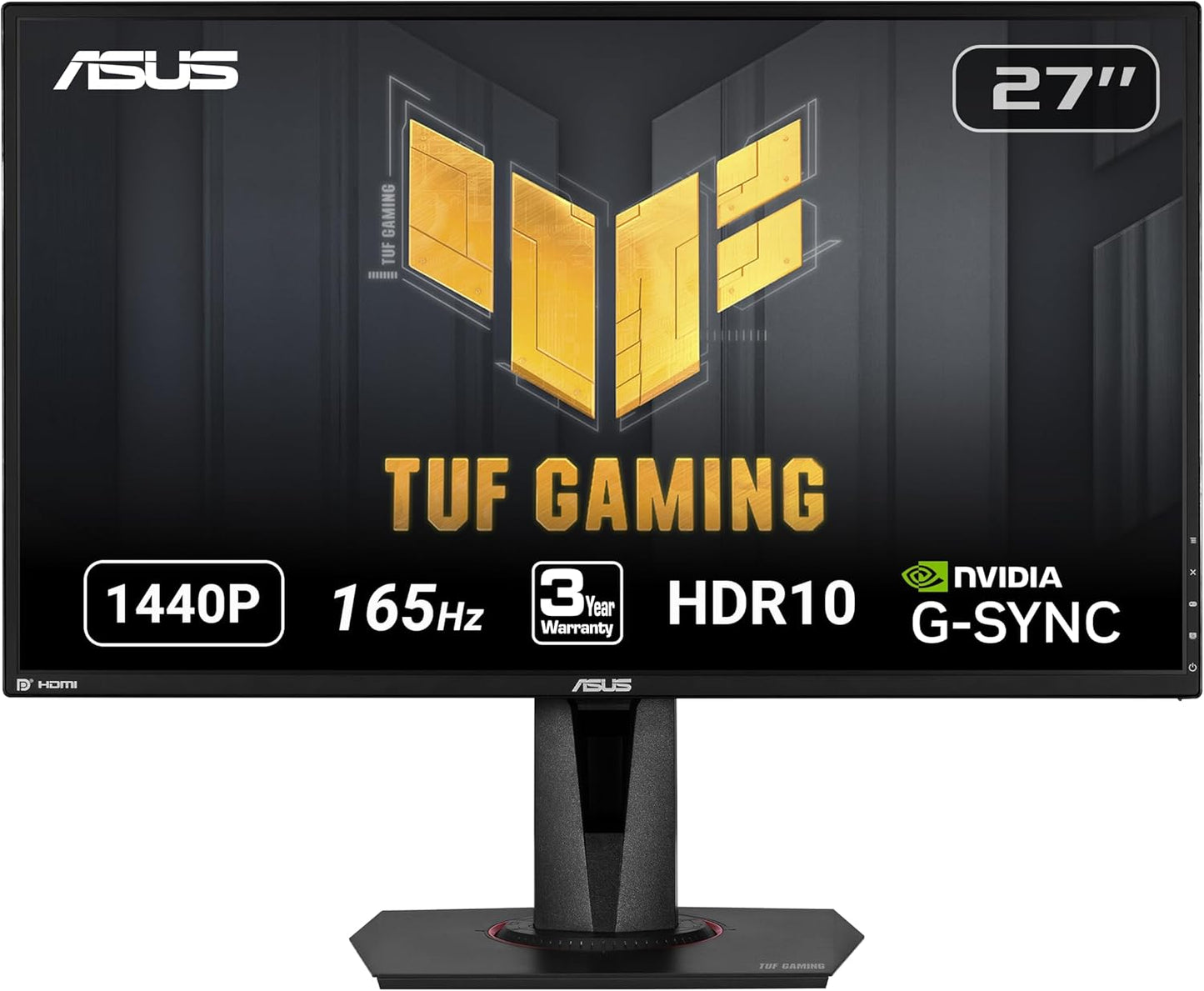 ASUS TUF Gaming 27" 2K HDR Gaming Monitor (VG27AQ) - QHD (2560 X 1440), 165Hz (Supports 144Hz), 1Ms, Extreme Low Motion Blur, Speaker, G-SYNC Compatible, VESA Mountable, Displayport, HDMI ,Black