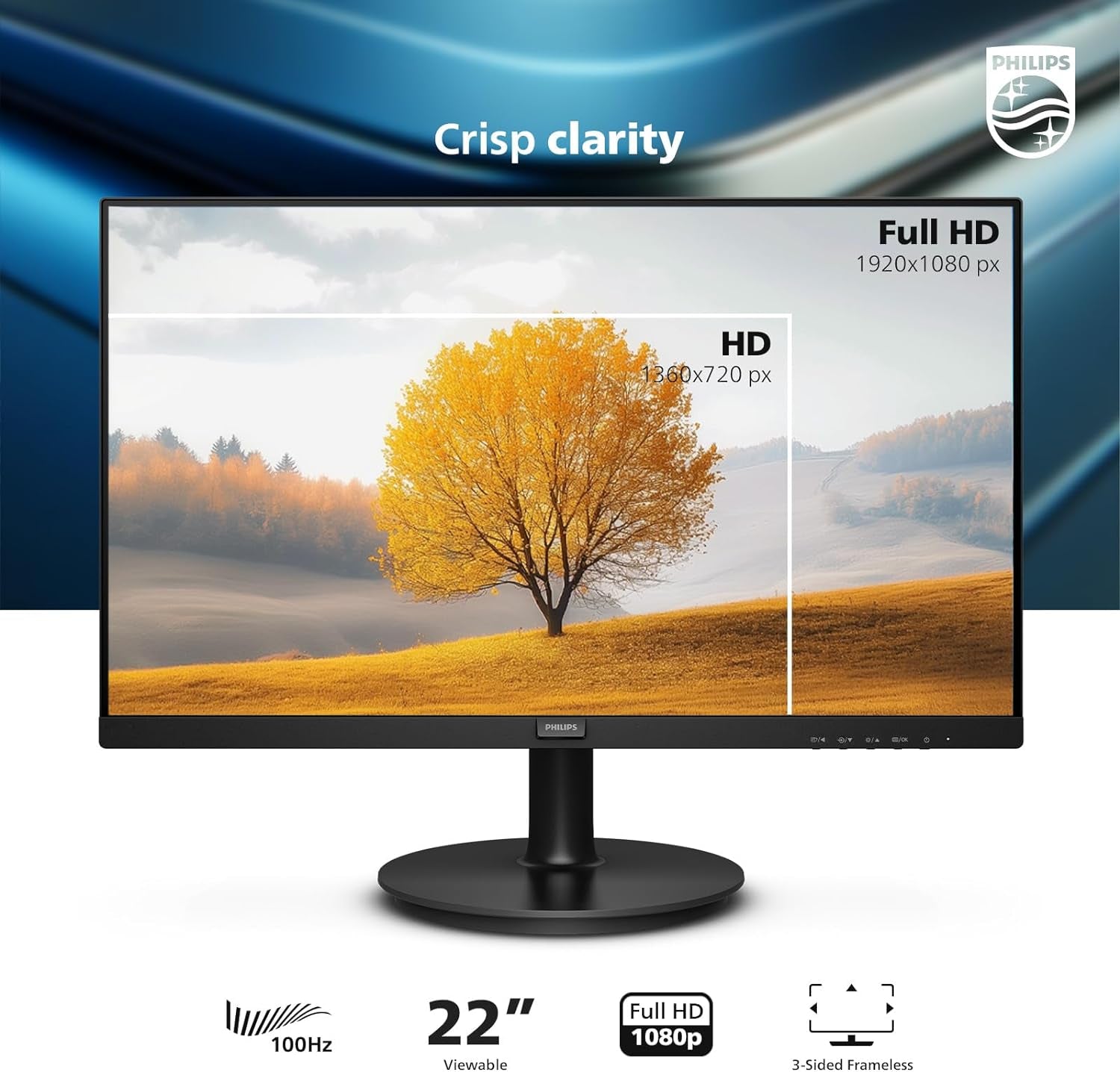 PHILIPS 22 Inch Class Thin Full HD (1920 X 1080) Monitor, 100Hz Refresh Rate, VESA, HDMI X1, VGA X1, Lowblue Mode, Adaptive Sync, 4 Year Advance Replacement Warranty, 221V8LB