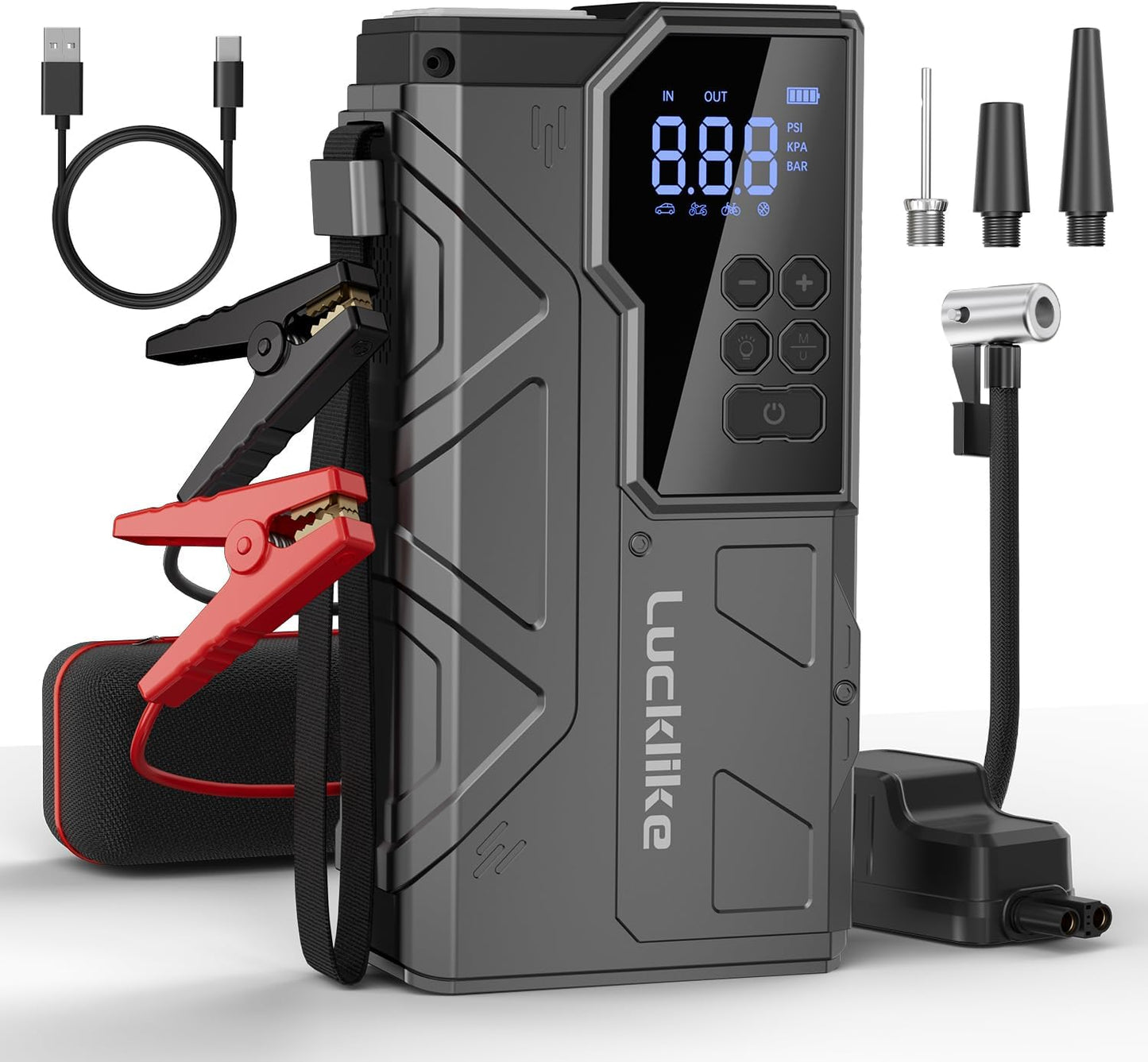 【New】 Lucklike Jump Starter with Air Compressor, 4000A Portable Car Battery Jumper Starter Pack for 10L Gas and 8L Diesel, Tire Inflator with Presssure Detection, 12V Jump Box with 3 Modes Flashlight