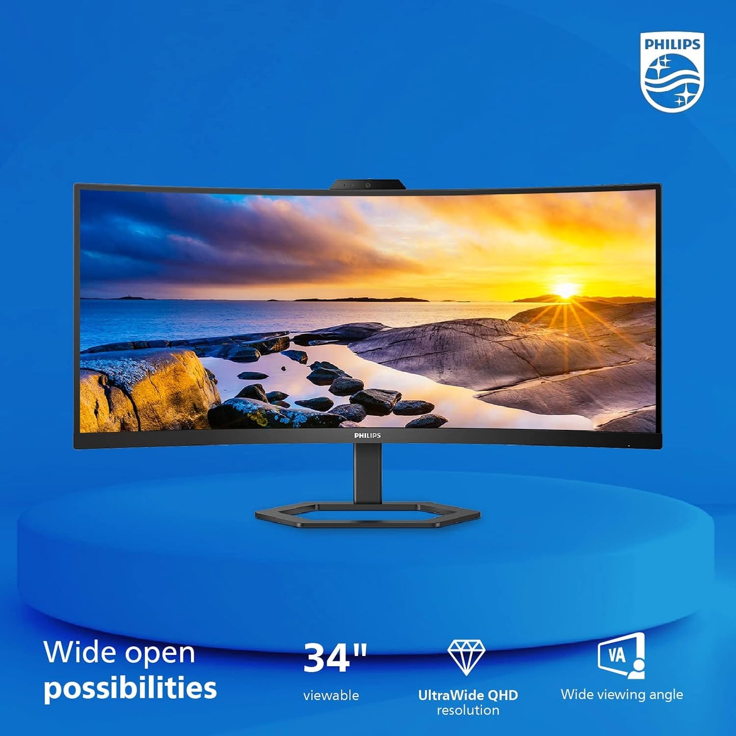 PHILIPS 34E1C5600HE 34" Ultrawide QHD 21:9 Monitor with Built-In Windows Hello Webcam & Noise Canceling Mic, USB-C Docking, Stereo Speakers, 100Hz, 4-Year Advance Replacement