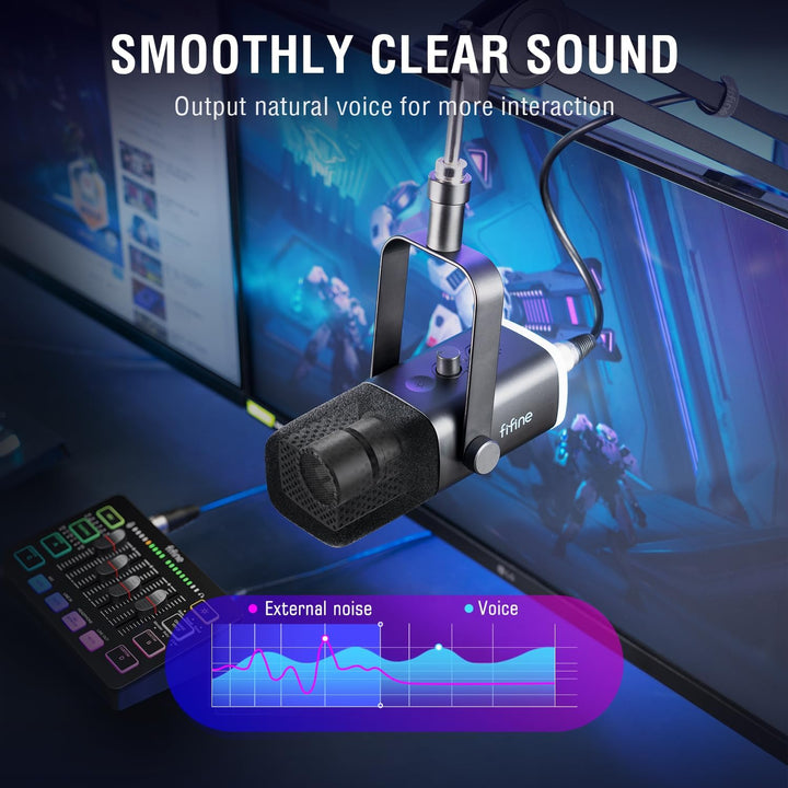 FIFINE Gaming Equipment Bundle, Dynamic XLR/USB Gaming Microphone Set with Streaming Audio Mixer for Podcast Recording Video Vocal, RGB Gamer Set with Volume Fader/Xlr Interface for Pc-Ampligame KS5