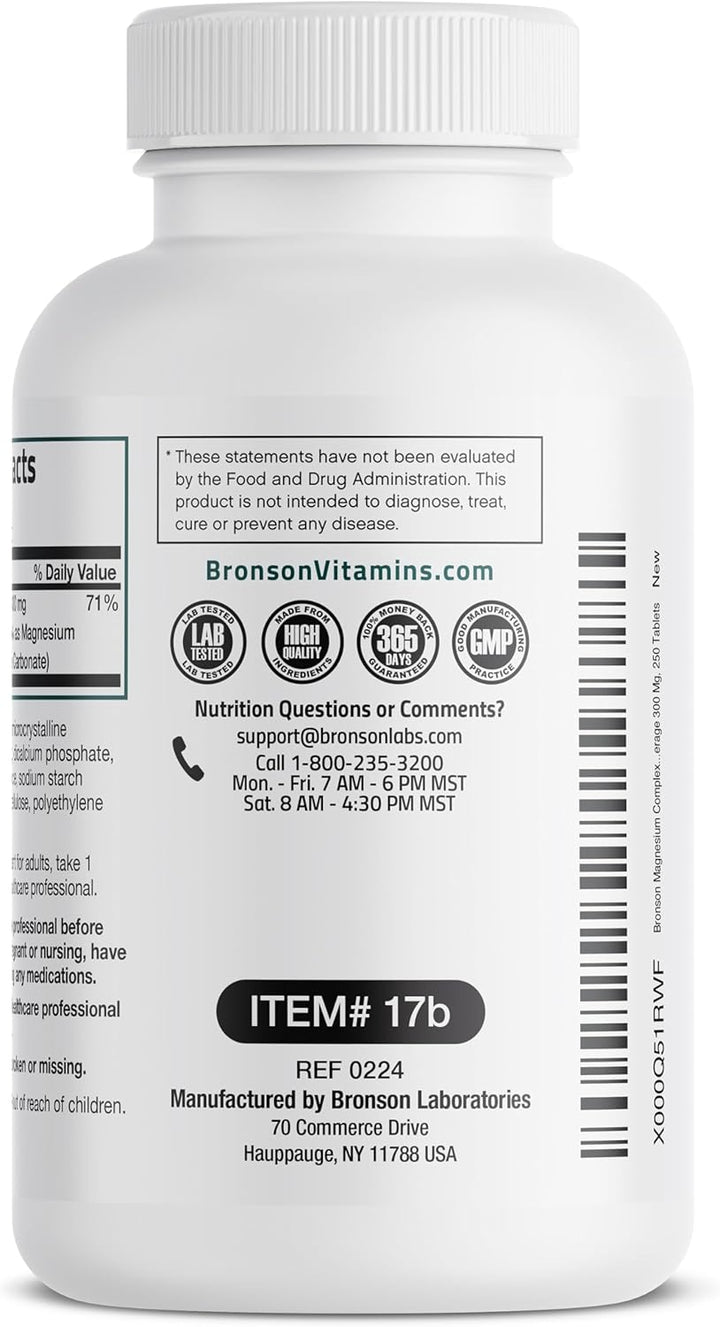 Triple Magnesium Complex Maximum Coverage 300 Mg Magnesium Oxide Magnesium Citrate Magnesium Carbonate, Non-Gmo Formula, 250 Tablets
