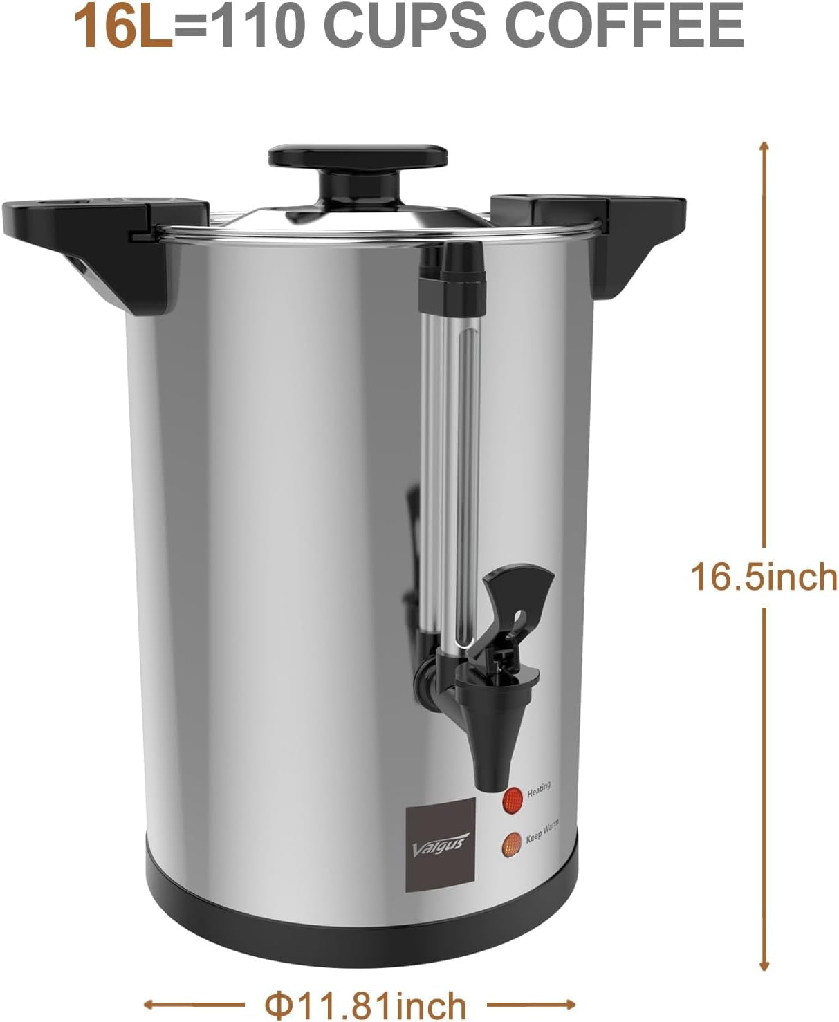 Valgus Commercial Grade Stainless Steel Coffee Urn 110-Cup 16L Coffee Maker with Percolator Coffee Dispenser for Quick Brewing for Large Crowds for Wedding, Parties, Catering Events