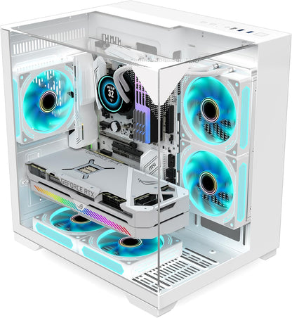 GOPIE ITX PC Case, T03 White Mini Tower Gaming Computer Chassis with Three-Sided Panoramic Tempered Glass, Gaming Desktop Pc Hosting Case Compatible with 240Mm Rad/Mini ITX Mobo - Fan Not Included