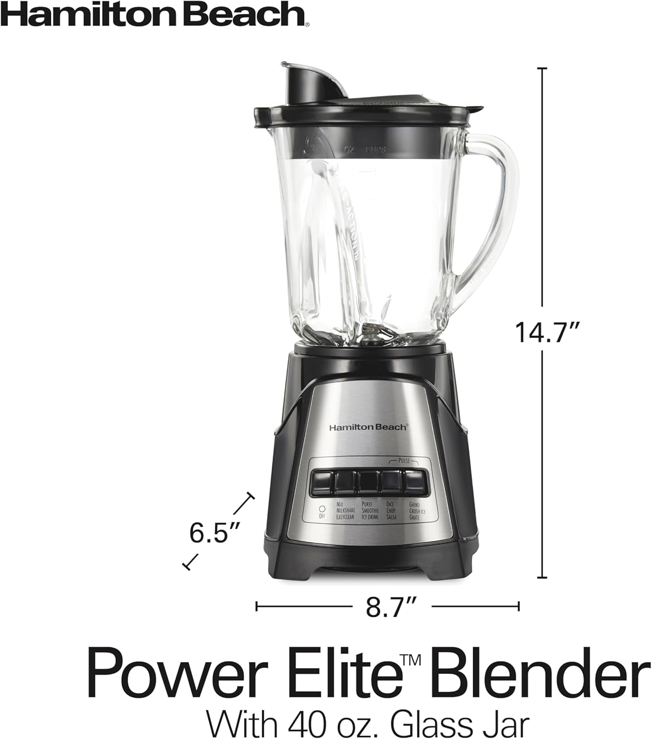 Hamilton Beach Power Elite Wave Action Blender for Shakes and Smoothies, 40 Oz Glass Jar, 12 Functions Including Puree, Crush Ice, Stainless Steel Ice Sabre Blades, 700 Watts, Black (58148A)