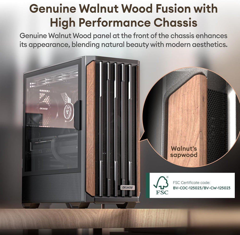 Genuine Walnut Wood PC Case, Support 360Mm Radiator on Top, Pre-Installed 4 X 120Mm PWM Fans ATX Case, Type-C Port, Magnetic Tempered Glass Side Panel, Black Computer Case, Cypress 7