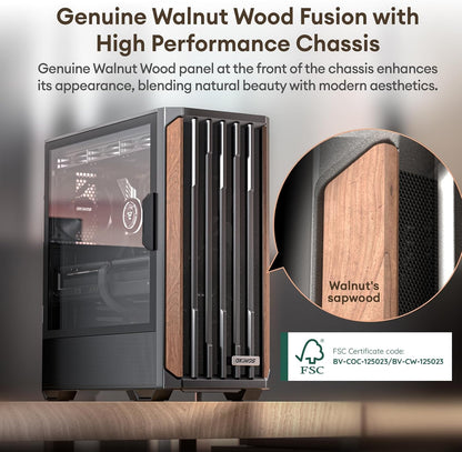 Genuine Walnut Wood PC Case, Support 360Mm Radiator on Top, Pre-Installed 4 X 120Mm PWM Fans ATX Case, Type-C Port, Magnetic Tempered Glass Side Panel, Black Computer Case, Cypress 7