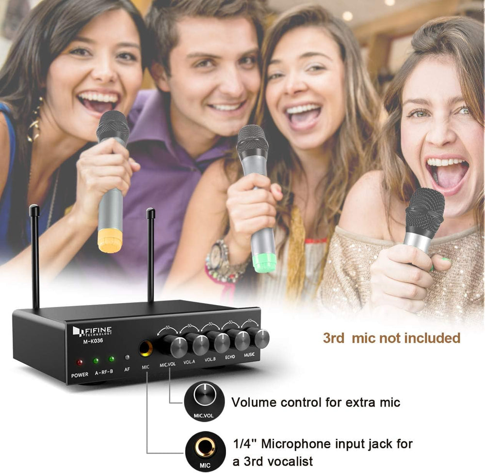 FIFINE UHF Dual Channel Wireless Handheld Microphone, Easy-To-Use Karaoke Wireless Microphone System-K036