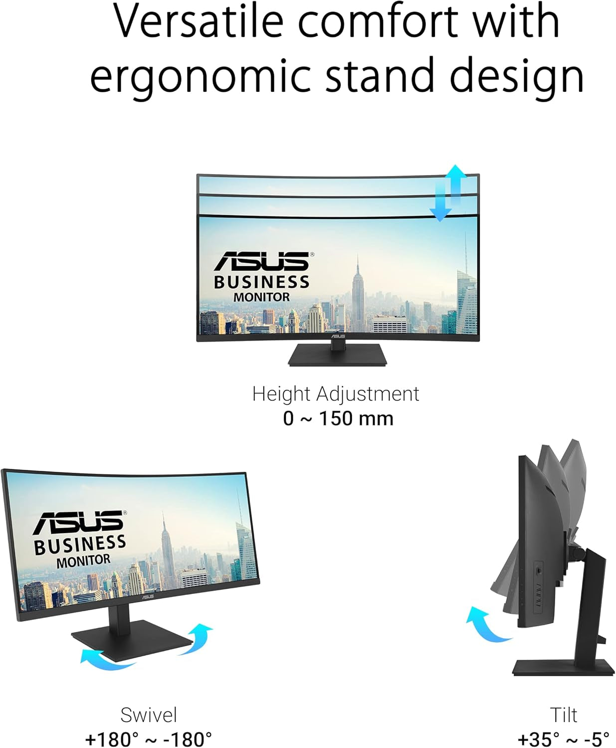 ASUS 34” Ultrawide Curved USB-C Docking Monitor (VA34VCPSN) - 21:9 QHD (3440 X 1440), 1500R Curvature, 100Hz, Adaptive Sync, USB Hub, RJ45, Eye Care, Frameless, VESA Wall Mountable, Height Adjustable