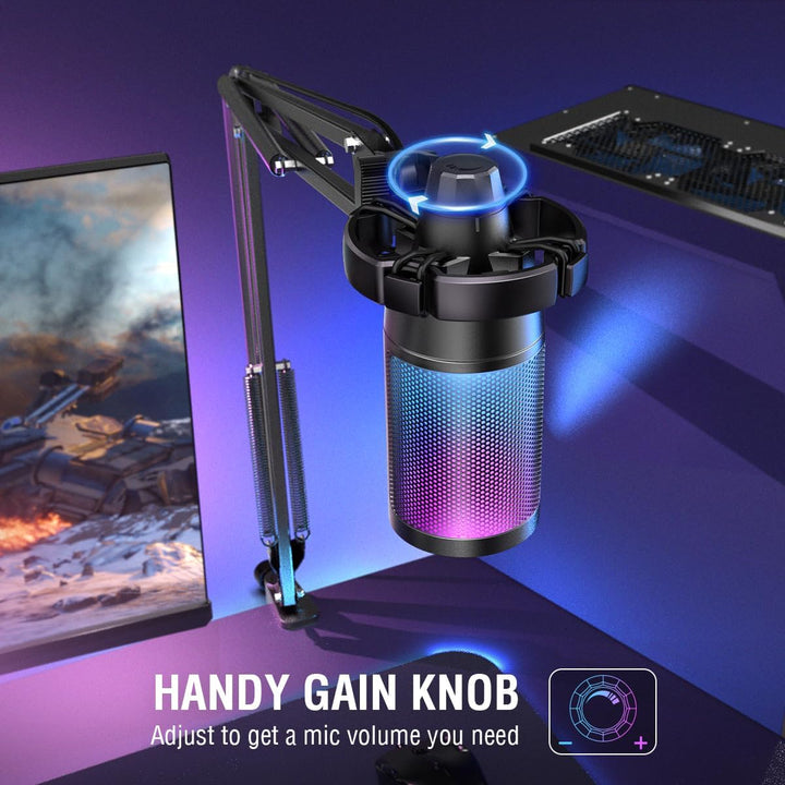 FIFINE Gaming PC USB Microphone, Podcast Condenser Mic with Boom Arm, Pop Filter, Mute Button for Streaming, Twitch, Online Chat, RGB Computer Mic for PC Gamer Youtuber-Ampligame A6T