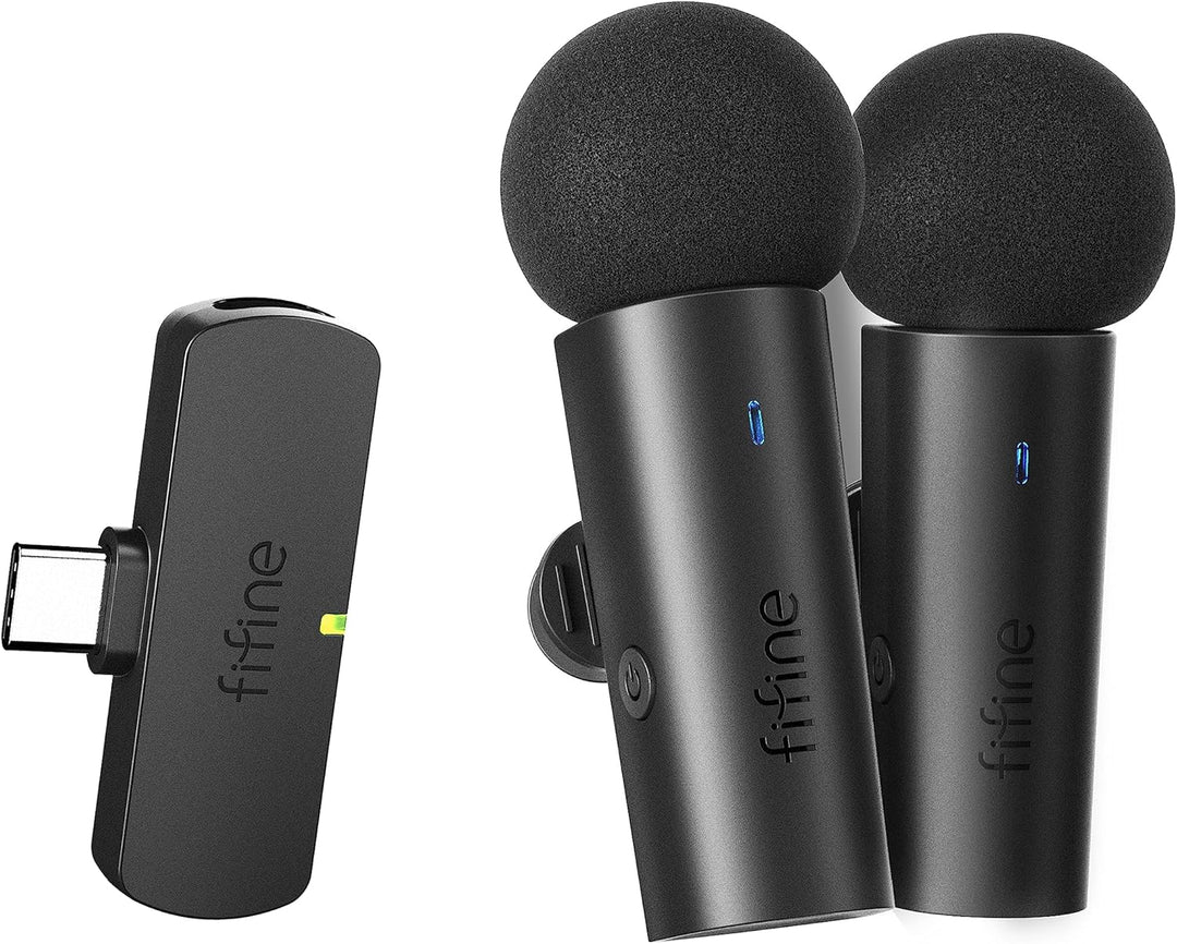 FIFINE Wireless Lavalier System with 2 Microphones, Lapel Mic Clear Sound for Youtube Video Interview Vlog, Dual Mini Mic with Type C Receiver for Android Phone/Tablet/Iphone15(Usb C) Laptop-M8
