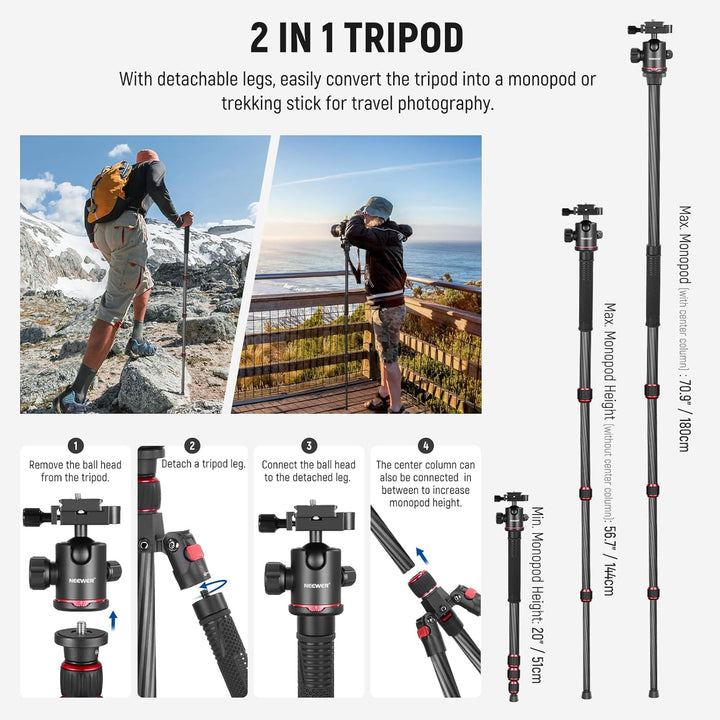 NEEWER 66"/168Cm Carbon Fiber Tripod for Camera with 360° Panorama Ball Head, 1/4" Arca QR Plate, Portable Bag, Compact Travel Tripod Monopod for DSLR Video Camcorder, Max Load 26.5Lb/12Kg, N55C