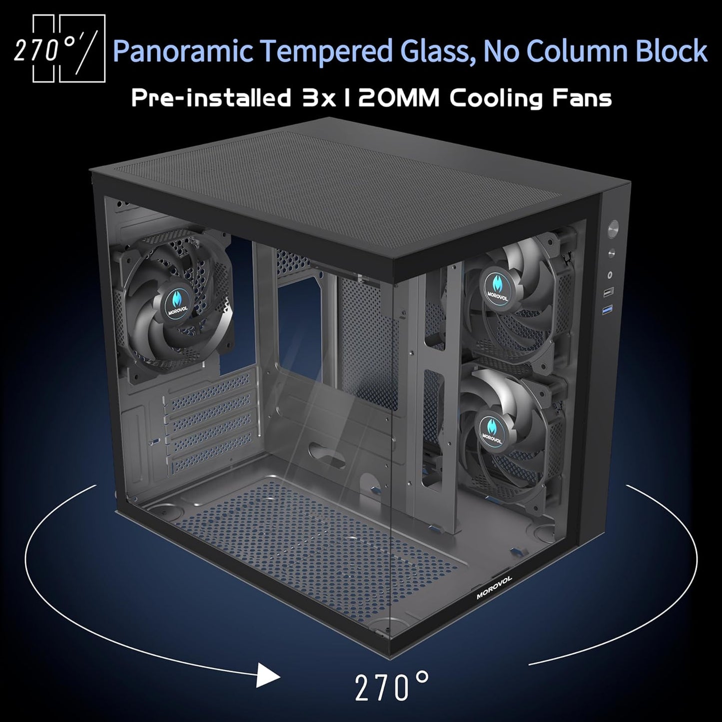 MATX PC Case,270° Panoramic Tempered Glass Panel Gaming PC Case,3 Fans Pre-Installed Micro-Atx Computer Case,Usb 3.0,Black(V3)