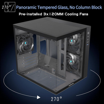 MATX PC Case,270° Panoramic Tempered Glass Panel Gaming PC Case,3 Fans Pre-Installed Micro-Atx Computer Case,Usb 3.0,Black(V3)