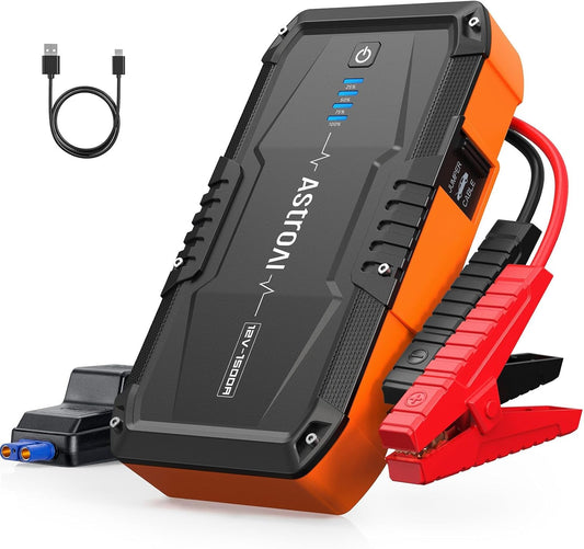 Astroai S8 Car Battery Jump Starter, 1500A Jump Starter Battery Pack for up to 6.0L Gas & 3.0L Diesel Engines, 12V Portable Jump Box with 3 Modes Flashlight and Jumper Cable, Stocking Stuffers(Orange)