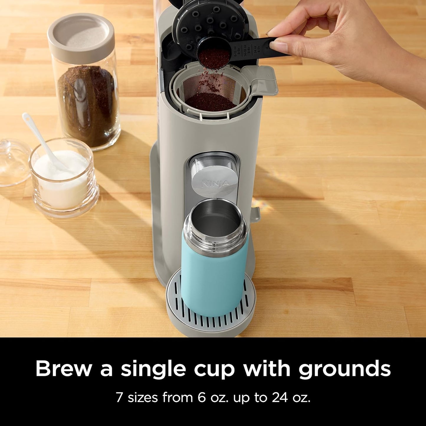 Ninja Pods & Grounds Single-Serve Coffee Maker, K-Cup Pod Compatible, Brews Grounds, Compact Design, 56-Oz. Reservoir, 6-Oz. Cup to 24-Oz. Travel Mug Brew Sizes, Iced Coffee Maker, Stone, PB041ST