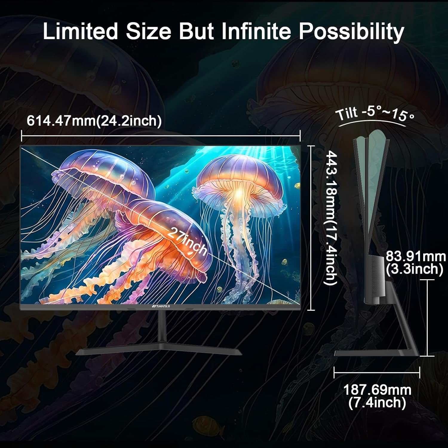 SANSUI Monitor 27 Inch IPS 100Hz Computer Monitor, Built-In Speakers FHD 1080P HDR Adaptive Sync Tilt Adjustable Frameless VESA Compatible for Office and Home(Es-27X3L)